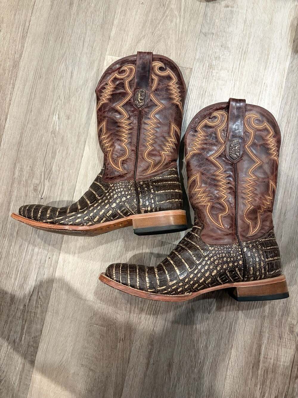 Cowboy Boots Size 10 EE Brown Caiman Tail Leather Wide Square Toe